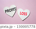 Profit or Loss symbol. Concept word Profit or Loss on wooden hearts. Beautiful pink background. Business and Profit or Loss concept. Copy space 130005778