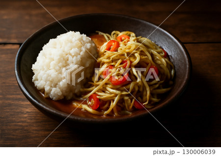 AI generated close-up shot of traditional Thai sticky rice with Som Tum served in rustic dark bowl. The vibrant textures bold colors of the dish emphasize its freshness and authenticity Thai cuisine. 130006039