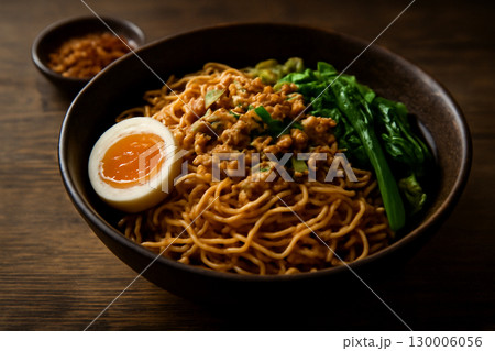 AI generated a close-up shot of Thai dry egg noodles with minced pork in a rustic bowl. The dish is beautifully presented with soft-boiled egg, greens, and vibrant textures, capturing a warm 130006056