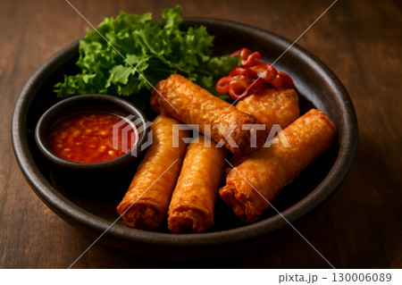 AI generated image of golden crispy Thai spring rolls served with fresh greens and chili dipping sauce. The rustic presentation highlights textures and contrasts with moody lighting, evoking warmth AI generated image of golden crispy Thai spring rolls served with fresh greens and chili dipping sauce. The rustic presentation highlights textures and contrasts with moody lighting, evoking warmth 130006089