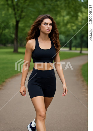 AI generated photo of a confident Middle Eastern woman in athletic wear walking in a park. The natural beauty, athleticism, and outdoor setting evoke a sense of strength, health, and calm. 130006157