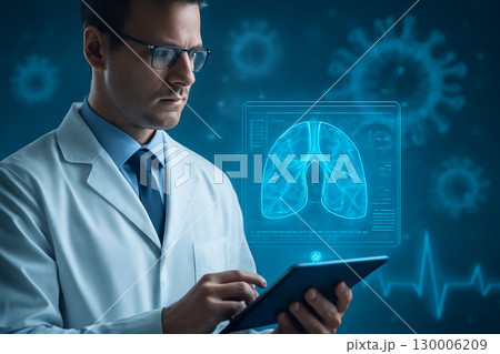 AI generated image showcasing a doctor interacting with a holographic display of circulatory system. The futuristic scene highlights advanced healthcare using AI technology for real-time diagnostics 130006209