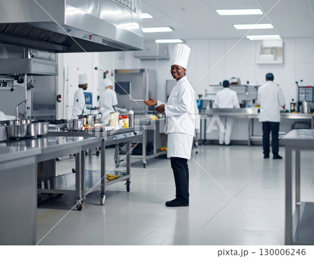AI generated A professional chef stands at the frame edge gesturing welcomingly toward a well-equipped kitchen The scene conveys culinary expertise hospitality and premium dining 130006246