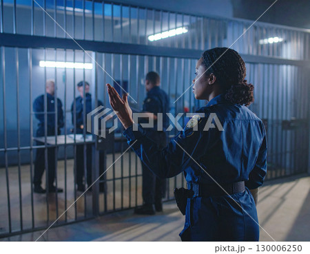 AI generated A uniformed police officer stands at the frame edge gesturing authoritatively toward a jail cell in a police station The scene conveys law enforcement security and justice system themes 130006250