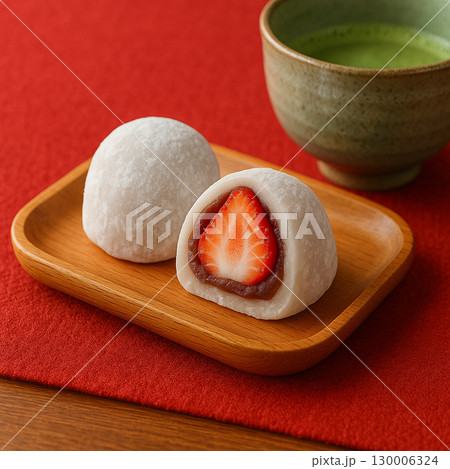 いちご大福と抹茶の和菓子 / Strawberry Daifuku with Matcha Tea 130006324