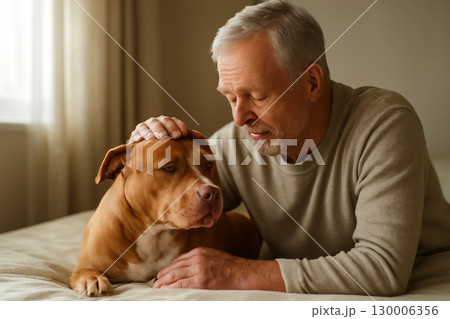 AI generated serene moment of elderly man gently petting his American Pit Bull Terrier on a cream bed. Soft natural light creates an intimate and warm atmosphere. AI generated serene moment of elderly man gently petting his American Pit Bull Terrier on a cream bed. Soft natural light creates an intimate and warm atmosphere. 130006356
