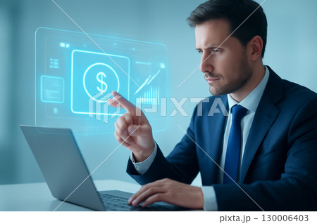 AI generated image of a businessman interacting with a futuristic holographic finance system. The scene highlights precision, trust, and digital investment technology in a clean modern environment. 130006403