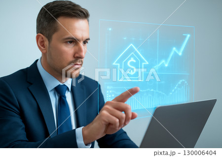 AI generated image of a businessman interacting with a floating holographic financial interface. The scene conveys precision, trust, and technological expertise in modern finance, focusing 130006404