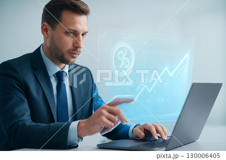 AI generated futuristic digital art of a businessman interacting with a holographic financial interface, symbolizing trust and precision in modern investment and technology. 130006405
