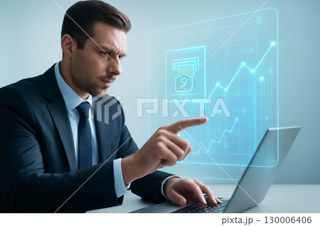 AI generated businessman interacts with a holographic financial interface showing graphs and ATM icons representing advanced digital business and investment technology. 130006406
