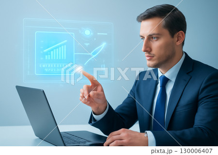 AI generated image of a businessman in a sleek suit interacting with a holographic financial interface above a laptop, symbolizing precision, trust, and cutting-edge technology in business investments 130006407