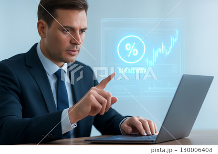 AI generated digital art showcasing a businessman analyzing real-time financial data through a holographic interface. The scene conveys precision, trust, and technology in modern business investment. 130006408