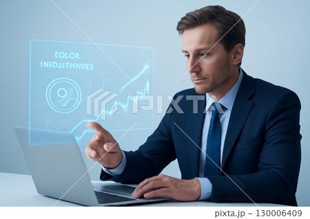 AI generated digital art of a businessman interacting with a holographic financial interface showing investment graphs icons. The clean blue and white tones evoke precision, trust, and modern tech 130006409