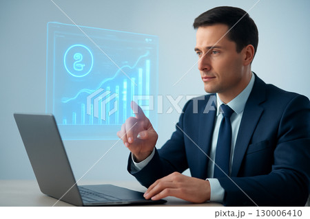 AI generated image of a businessman interacting with a holographic financial interface. A modern and sleek design highlighting real-time investment data and precision in financial decision-making. 130006410