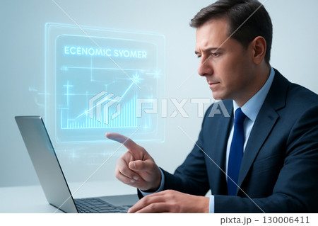 AI generated image of a businessman interacting with a holographic financial interface on a laptop. The image conveys precision, trust, and advanced technology in business investment strategies. 130006411