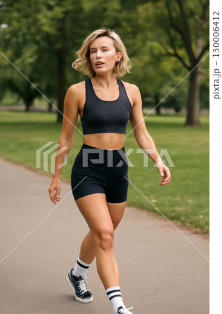 AI generated image of a fit Asian woman with blonde wavy bob hair walking in a public park wearing black athletic wear. She exudes confidence and athleticism, enjoying a casual outdoor moment. 130006412