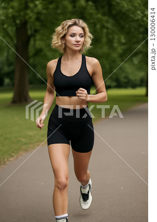 AI generated image of a fit blonde woman with wavy bob hair jogging in a park. She wears athletic gear and exhibits a confident and healthy lifestyle in a candid street photography style. 130006414