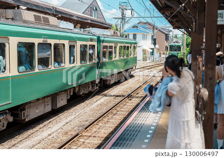 Enoshima Dentetsu train Line in Kamakura, Japanese railway connects Kamakura in Kamakura with Fujisawa Station in Fujisawa, Kanagawa. Landmark attraction near Tokyo. Kanagawa, Japan, 13 July 2025 130006497