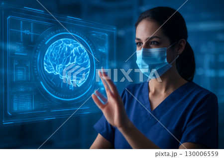 AI generated image of a female healthcare worker in blue scrubs interacting a holographic brain scan interface. The scene portrays cutting-edge medical technology data visualization in a healthcare AI generated image of a female healthcare worker in blue scrubs interacting a holographic brain scan interface. The scene portrays cutting-edge medical technology data visualization in a healthcare 130006559