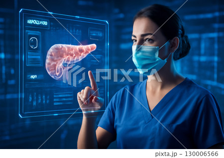 AI generated image of a female healthcare professional interacting with a 3D holographic pancreas in a futuristic medical setting advanced technology, and healthcare innovation. 130006566
