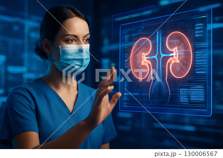 AI generated image of a female medical professional interacting with a holographic kidney display in a futuristic medical setting, reflecting advanced healthcare technology and digital diagnostics. 130006567