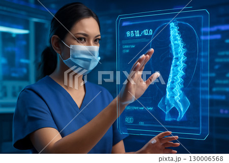 AI generated image of a medical professional interacting with a futuristic holographic spinal cord diagnostic interface. A blend of healthcare and technology in a high-tech lab setting. 130006568