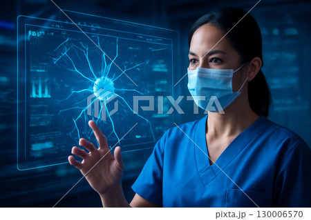 AI generated image of a female medical expert analyzing neural data using advanced AR technology in a futuristic healthcare setting. The scene conveys precision, intelligence 130006570