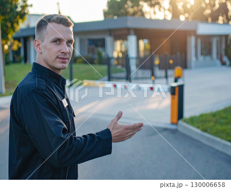 AI generated A professional security guard stands at the frame edge gesturing toward a guarded checkpoint with security booth barrier. The scene conveys safety, access control property protection. 130006658