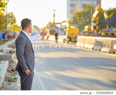 AI generated A professional civil engineer stands at the frame edge gesturing toward an active road construction site. The infrastructure development scene showcases urban planning, engineering 130006664