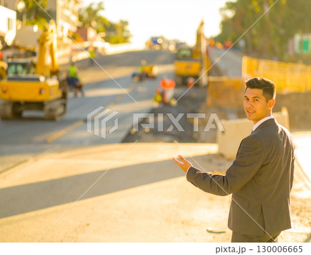 AI generated A professional civil engineer stands at the frame edge gesturing toward an active road construction site. The infrastructure development scene showcases urban planning, engineering 130006665