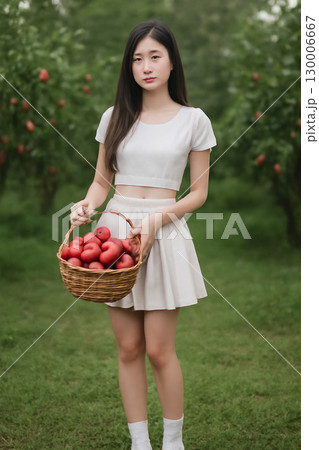 AI generated image of a young woman in a white outfit holding a basket of rose apples in a morning orchard. She stands with a serene expression against a softly, evoking a calm, peaceful atmosphere. 130006667