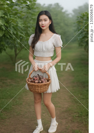 AI generated image of a young Southeast Asian woman standing in a fig orchard at dawn holding a wicker basket full of ripe figs. The scene evokes a sense of calm freshness with a soft morning light. 130006679