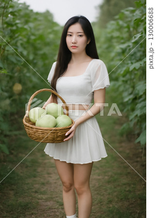 AI generated image of a young woman holding a basket of honeydew melons in a garden at dawn. The peaceful, serene atmosphere and soft light highlight her grace and the natural beauty around her. AI generated image of a young woman holding a basket of honeydew melons in a garden at dawn. The peaceful, serene atmosphere and soft light highlight her grace and the natural beauty around her. 130006688