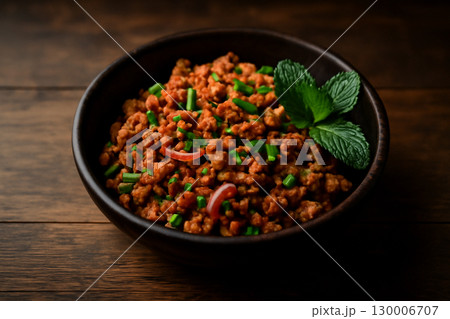 AI generated close-up of Thai spicy meat salad Larb served in a dark earthenware bowl on wooden table. Rich textures, fresh herbs bold colors capture the heat and freshness of this traditional dish. 130006707