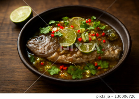 AI generated A whole steamed sea bass with lime, chili, and cilantro in a rustic earthenware bowl. Warm, moody lighting enhances the freshness and textures of this Thai dish, creating a cinematic 130006720