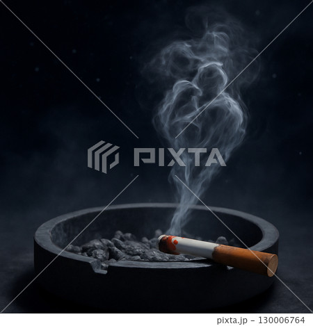 AI generated close-up of a glowing cigarette in an ashtray with smoke forming an embrace. The atmosphere is calm, intimate, and dreamlike with a starry night backdrop, offering a moment of reflection 130006764