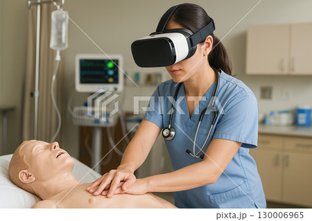VRシミュレーションで訓練中の看護師 130006965