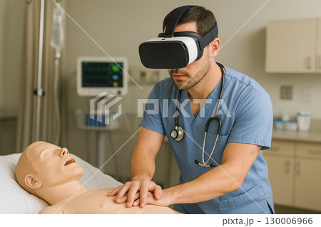 VRシミュレーションで訓練中の看護師 130006966