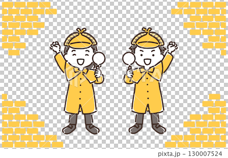 A boy and girl dressed as detectives holding a magnifying glass and saying "Yay!" 130007524
