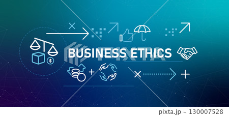 Business ethics banner illustration graphic icons representing moral and ethical standards in a corporate company partnership fair and responsible practices moral values to conduct cooperation Business ethics banner illustration graphic icons representing moral and ethical standards in a corporate company partnership fair and responsible practices moral values to conduct cooperation 130007528
