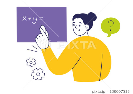 Flat cartoon vector illustration of young woman writing math formula on chalkboard. Teacher or student at blackboard, education scene with mathematics, study, knowledge, school and university life 130007533