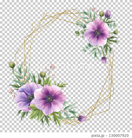 Watercolor purple Anemones flowers with pink buds and eucalyptus green branch gold polygon frame. Tender greenery save the date card template for wedding, mothers day. Isolated hand drawn illustration 130007920
