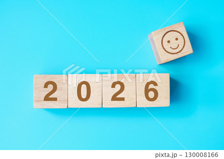 Smile face block with 2026 text on blue background. Satisfaction, feedback, Review and New Year concepts Smile face block with 2026 text on blue background. Satisfaction, feedback, Review and New Year concepts 130008166