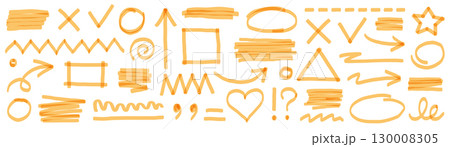 Highlight marker pen set. Hand drawn yellow color highlight with underline, heart, and pen sketch arrow element. Scribble circle shape, check mark sign and dry paintbrush texture. Vector 130008305