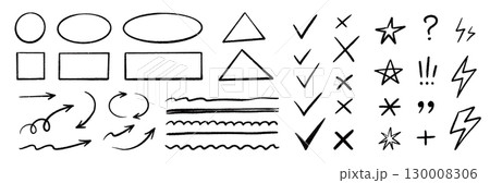 Chalk check mark arrow collection. Blackboard doodle style symbols, sketchy pencil quotes, checkboxes and hand drawn crayon underline. Pencil chalk stroke texture highlight, arrow. Vector 130008306