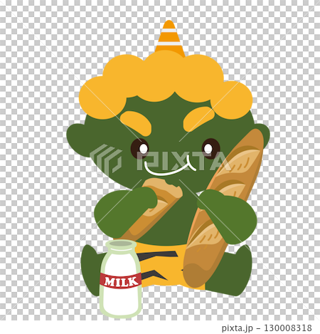 Illustration of a green demon eating while holding a baguette Illustration of a green demon eating while holding a baguette 130008318