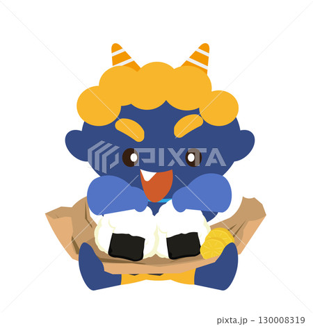 おむすび弁当を広げて、食べようとする青鬼のイラスト 130008319