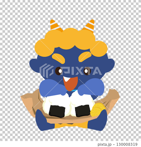 おむすび弁当を広げて、食べようとする青鬼のイラスト 130008319