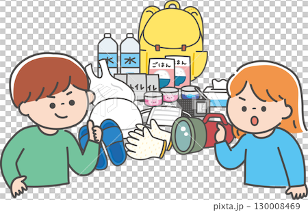 非常持ち出し袋を確認する男性と女性 130008469