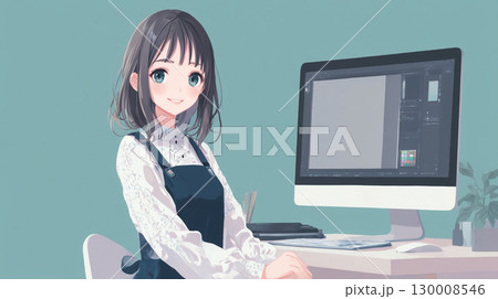 アニメ調 パソコンを使う少女 130008546